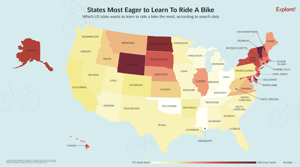 Map showing US states most eager to learn to ride a bike
